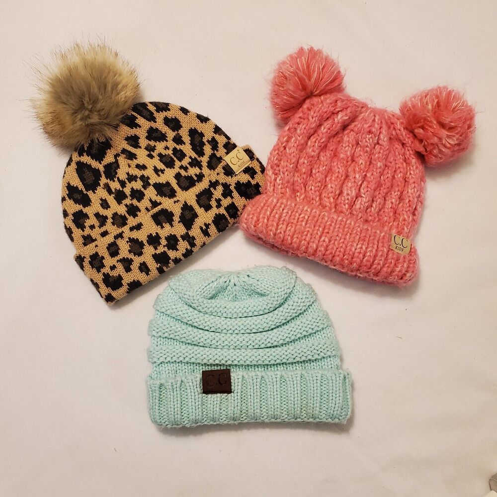 C.C. Girls Sz 2/4 Pom Beanie Set Knit Warm Soft Double Pom Cheetah Winter
